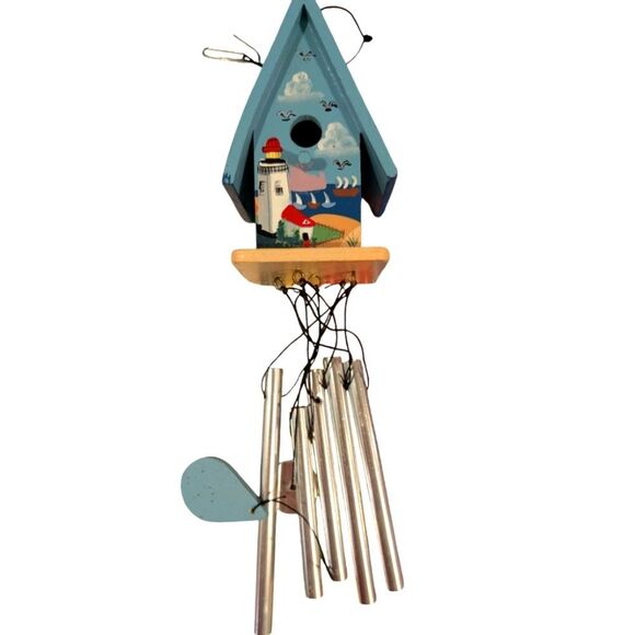 Vintage charming hand-painted lighthouse theme birdhouse wind chime Sailboat - Picture 1 of 11